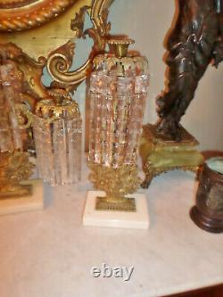 SPECTACULAR! Antique Three Piece Girandole Set /Candelabra Huge 7 Crystal Prism