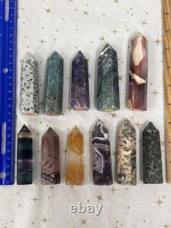 Set of 11 Crystal Towers Hand-Carved Natural Stone Sculptures Mixed Minerals