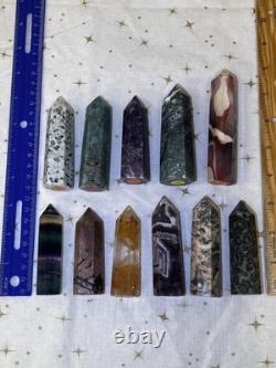 Set of 11 Crystal Towers Hand-Carved Natural Stone Sculptures Mixed Minerals