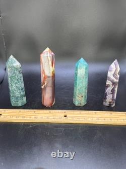 Set of 11 Crystal Towers Hand-Carved Natural Stone Sculptures Mixed Minerals