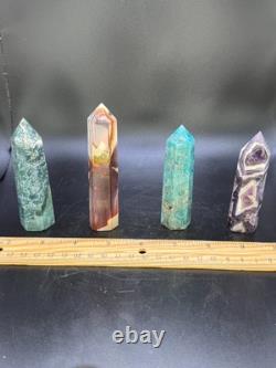 Set of 11 Crystal Towers Hand-Carved Natural Stone Sculptures Mixed Minerals
