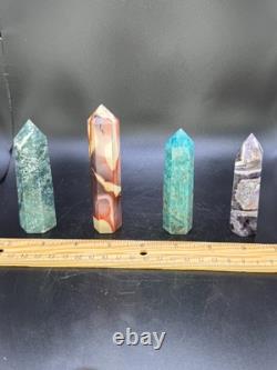 Set of 11 Crystal Towers Hand-Carved Natural Stone Sculptures Mixed Minerals