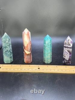Set of 11 Crystal Towers Hand-Carved Natural Stone Sculptures Mixed Minerals