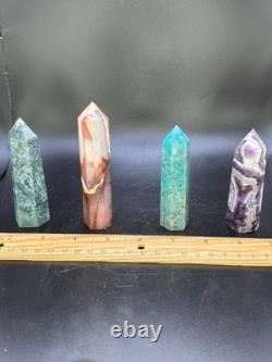 Set of 11 Crystal Towers Hand-Carved Natural Stone Sculptures Mixed Minerals