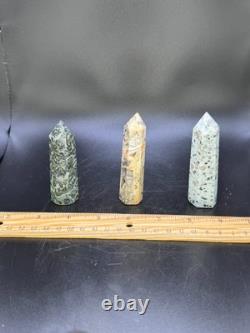 Set of 11 Crystal Towers Hand-Carved Natural Stone Sculptures Mixed Minerals