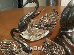 Silver Plated & Crystal Swans Condiment Set-8 pieces/Elegant Tableware