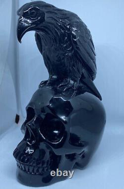 Stunning Black Obsidian Carved Crow & Skull Raven Crystal 7inch Display Piece