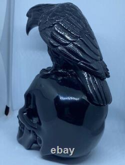 Stunning Black Obsidian Carved Crow & Skull Raven Crystal 7inch Display Piece