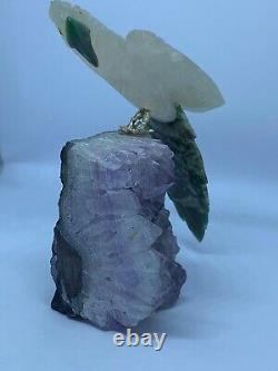 Stunning Hand Carved Amethyst Quartz Malachite Parrot Ornamental Display Piece