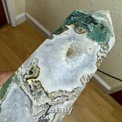 Tall Moss Agate Tower With Druzy Pocket Statement Piece