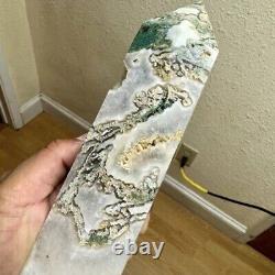 Tall Moss Agate Tower With Druzy Pocket Statement Piece