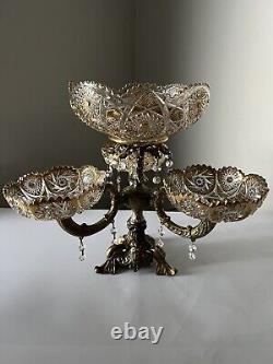 Vintage 15Tall Crystal Prisms Brass Base Ornate Compote Centerpiece 3 Arms RARE