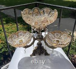 Vintage 15Tall Crystal Prisms Brass Base Ornate Compote Centerpiece 3 Arms RARE