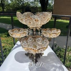 Vintage 15Tall Crystal Prisms Brass Base Ornate Compote Centerpiece 3 Arms RARE