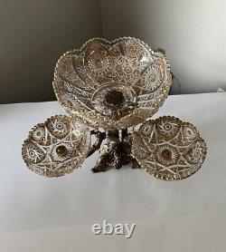 Vintage 15Tall Crystal Prisms Brass Base Ornate Compote Centerpiece 3 Arms RARE