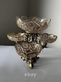 Vintage 15Tall Crystal Prisms Brass Base Ornate Compote Centerpiece 3 Arms RARE