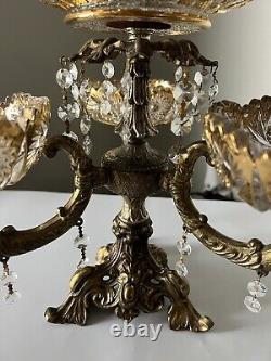 Vintage 15Tall Crystal Prisms Brass Base Ornate Compote Centerpiece 3 Arms RARE