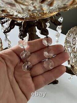 Vintage 15Tall Crystal Prisms Brass Base Ornate Compote Centerpiece 3 Arms RARE