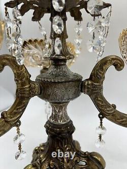 Vintage 15Tall Crystal Prisms Brass Base Ornate Compote Centerpiece 3 Arms RARE