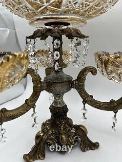 Vintage 15Tall Crystal Prisms Brass Base Ornate Compote Centerpiece 3 Arms RARE