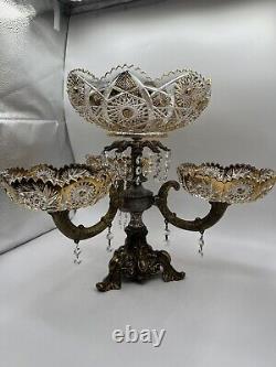 Vintage 15Tall Crystal Prisms Brass Base Ornate Compote Centerpiece 3 Arms RARE