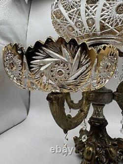 Vintage 15Tall Crystal Prisms Brass Base Ornate Compote Centerpiece 3 Arms RARE