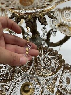 Vintage 15Tall Crystal Prisms Brass Base Ornate Compote Centerpiece 3 Arms RARE