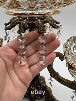 Vintage 15Tall Crystal Prisms Brass Base Ornate Compote Centerpiece 3 Arms RARE