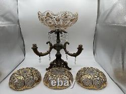 Vintage 15Tall Crystal Prisms Brass Base Ornate Compote Centerpiece 3 Arms RARE