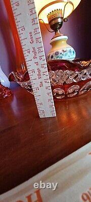 Vintage Bohemian Crystal Ruffle Center piece Cranberry Cut to Clear Bowl