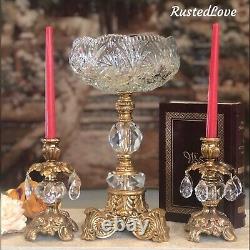 Vintage Bowl and Candle Holders Crystals Brass Baroque styled Set 3 pieces