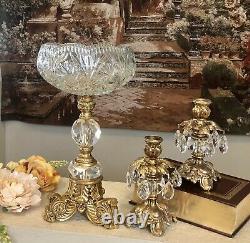 Vintage Bowl and Candle Holders Crystals Brass Baroque styled Set 3 pieces