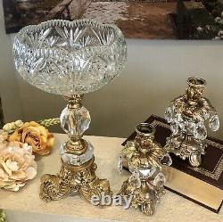 Vintage Bowl and Candle Holders Crystals Brass Baroque styled Set 3 pieces