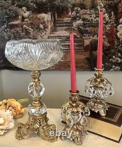 Vintage Bowl and Candle Holders Crystals Brass Baroque styled Set 3 pieces