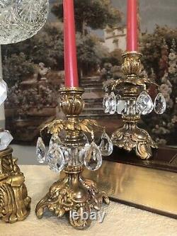 Vintage Bowl and Candle Holders Crystals Brass Baroque styled Set 3 pieces