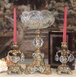 Vintage Bowl and Candle Holders Crystals Brass Baroque styled Set 3 pieces