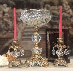 Vintage Bowl and Candle Holders Crystals Brass Baroque styled Set 3 pieces