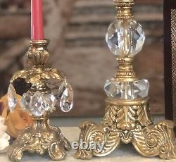 Vintage Bowl and Candle Holders Crystals Brass Baroque styled Set 3 pieces