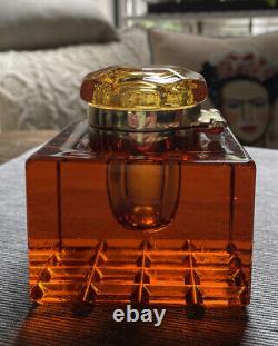 Vintage Levenger Amber Solid Crystal & Brass Inkwell Ink Pot Writing Desk Piece