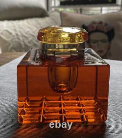 Vintage Levenger Amber Solid Crystal & Brass Inkwell Ink Pot Writing Desk Piece