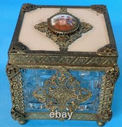 Vintage Ormolu Crystal Enameled Perfume Scent Bottles & Trinket Box 5-piece Set