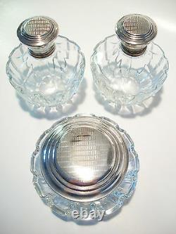 Vintage Three Piece Vanity Set Silver Plate & Crystal Early 20th Century