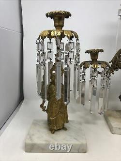 Antique 3 Pièce Girandole Candelabra Candlestick Mantle Set W Crystal Prisms