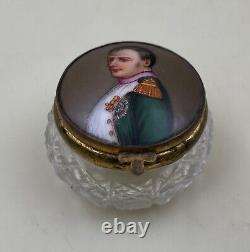 Antique Émaillé Napoléon Portrait Patch Snuff Verre Pressé Boîte En Cristal