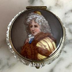 Antique Français Cut Crystal & Porcelain Miniature Portrait Patch Box Trinket Box