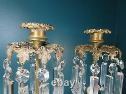 Antique Set De 2 Pièces Solide Brass, Marbre & Cristal Girandole Figuratif