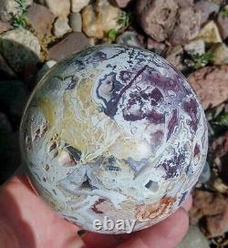 Belle grande sphère d'agate dentelle druzy mexicaine, 90mm 1104g, pièce de présentation