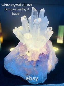 Cluster En Cristal Blanc Naturel Lampe + Améthyste Base De Haute Qualité Quartz Artisans 1pc