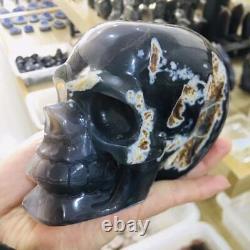 Crâne de cristal géode d'améthyste en agate naturelle, sculpté à la main, de 1000g