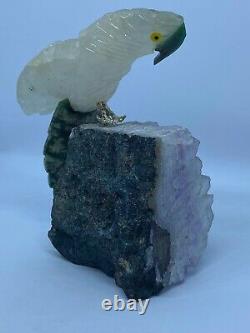 Magnifique Main Sculptée Améthyste Quartz Malachite Pièce D'affichage Ornementale Pour Perroquet